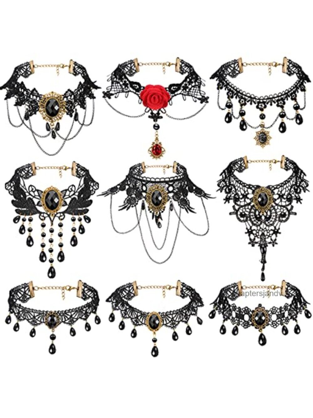 9 Pc Gothic Lace Choker Necklace Set Rhinestone Pendant Halloween Cosplay